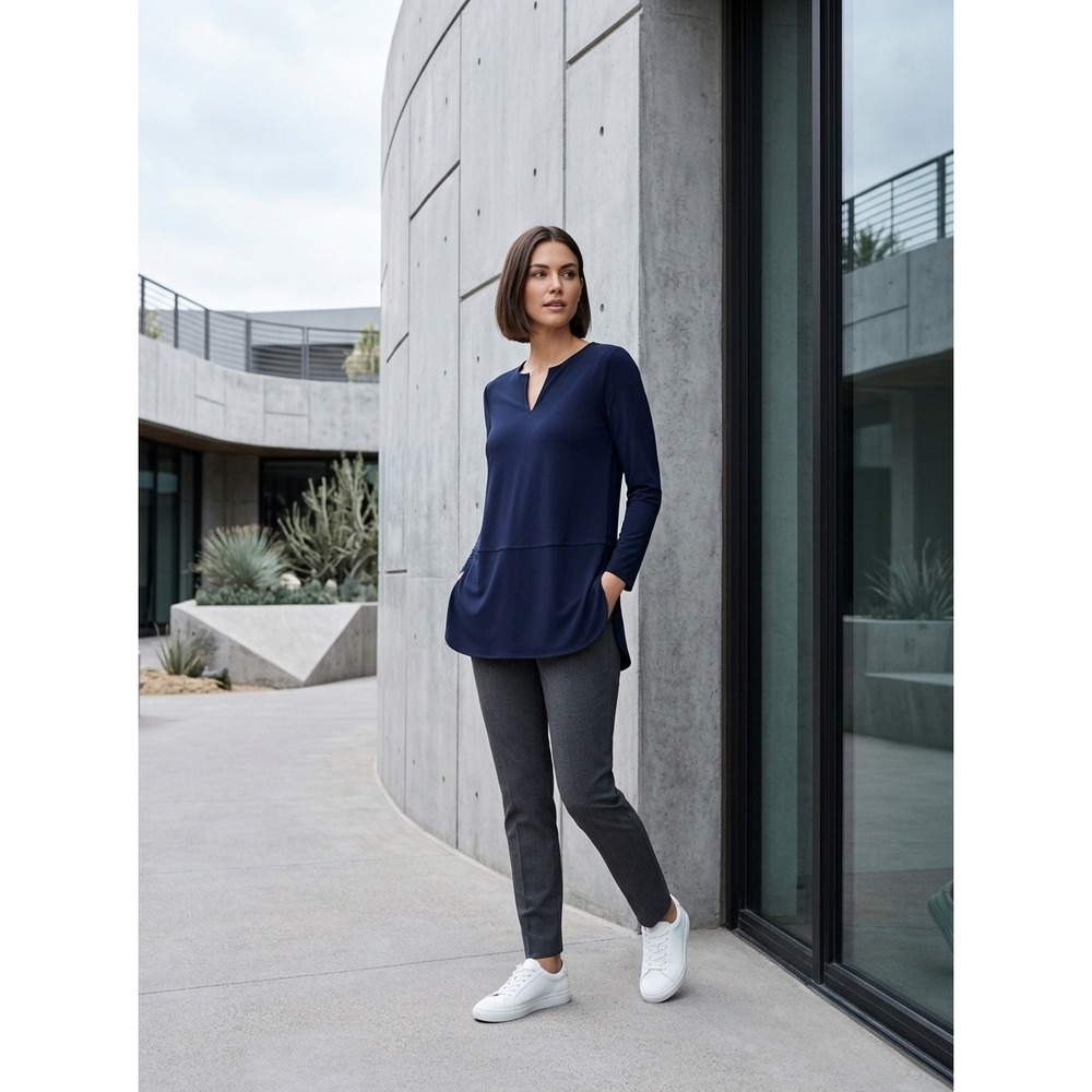 Lauren Ralph Lauren Tunic Top Women Navy Blue Split Neck Long Sleeve Blouse L